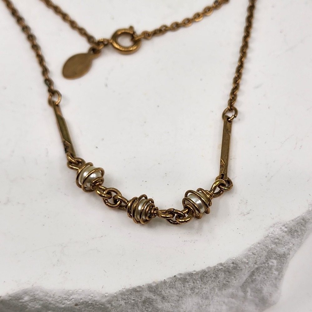 Avon Vintage Gold Tone Faux Pearl Wire Wrapped Bar Link Boho Necklace 16 Inch
